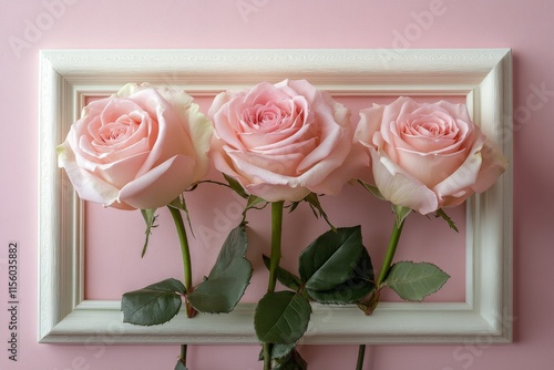 Beautiful pink roses displayed in a white frame against a soft pink background
