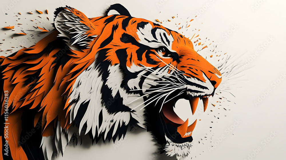 Obraz premium Dynamic torn paper art of roaring tiger, layered with vibrant orange, black, and white textures, showcasing intricate details and fierce expression