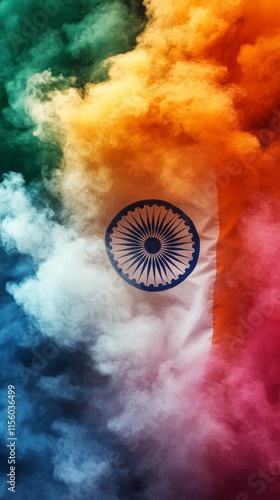 Colorful smoke clouds create an artistic representation of the Indian flag in...