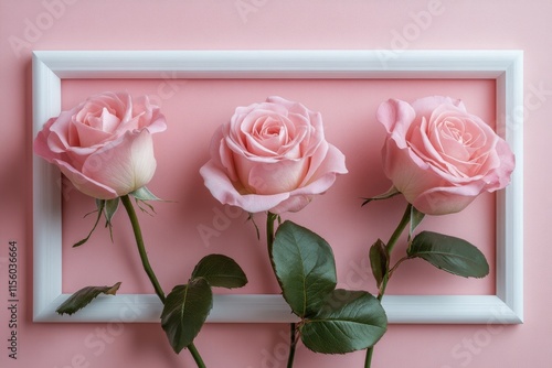 Beautiful pink roses displayed in a white frame against a soft pink background