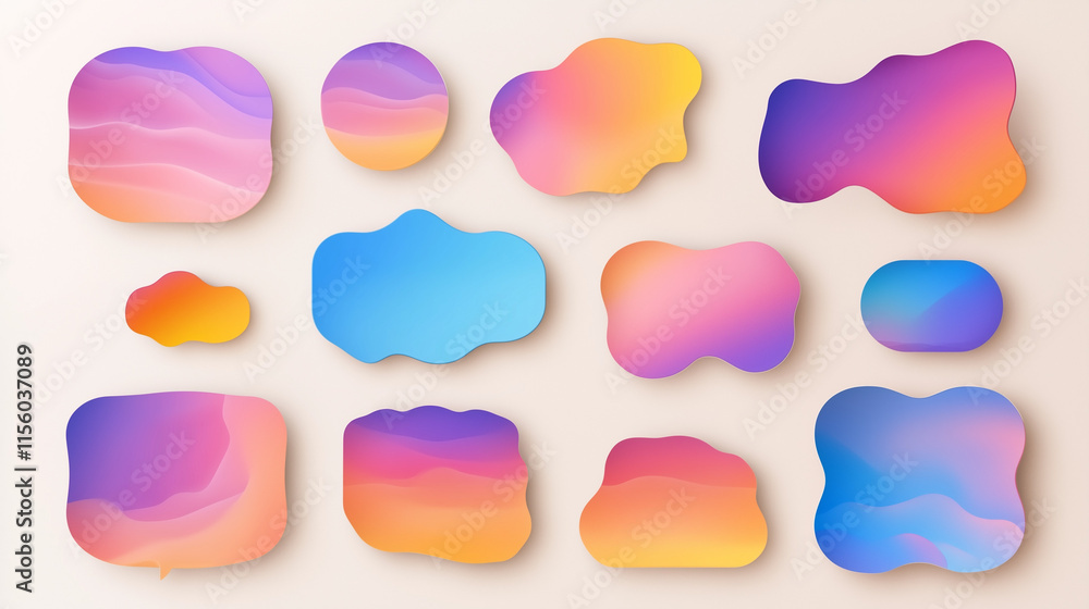 Gradient speech bubbles in vibrant sunset colors with abstract shapes on a light background Gradient speech bubbles in vibrant sunset colors with abstract shapes on a light background