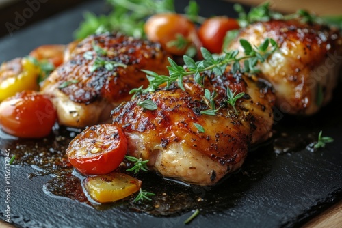 Grilled chicken breast topped with roasted tomatoes and herbs on a black plate