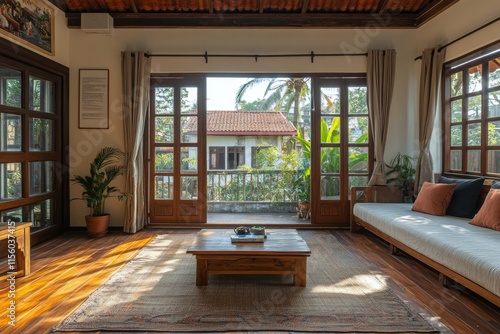 Cozy bedroom with large windows and rustic decor featuring natural light and ...