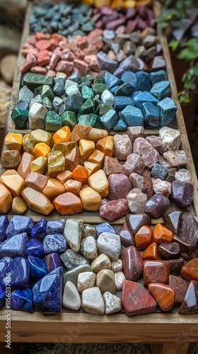 Vibrant collection of colorful gemstones and minerals displayed in assorted s...