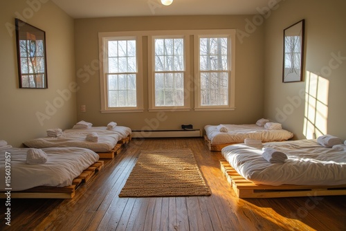 Cozy bedroom with large windows and rustic decor featuring natural light and ...
