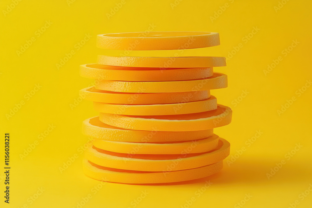 Stack of vibrant orange slices on sunny yellow background. Stack of vibrant orange slices on sunny yellow background.