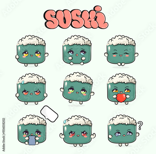 Funny cute happy Sushi characters bundle set. Vector hand drawn doodle style cartoon character illustration icon design. Isolated on green background. Cute Sushi mascot character collection