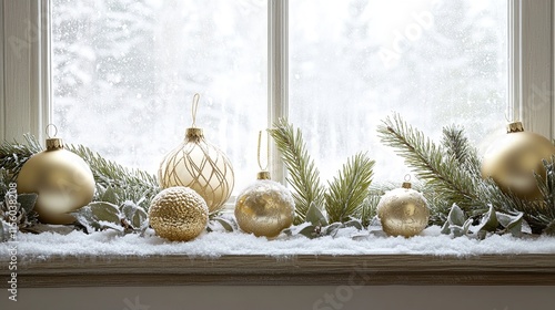 Snowy Windowsill with Frosted Glass, Pine Branches, and Golden Ornaments for Winter photo