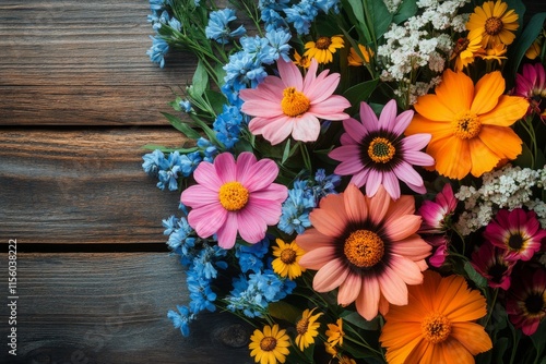 Colorful arrangement of vibrant flowers on wooden background during spring se...