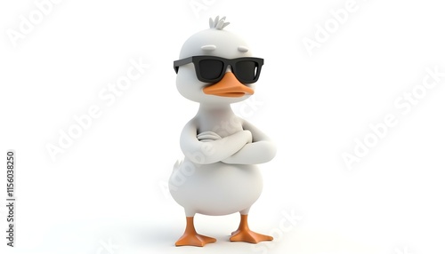 Fototapeta White stylish 3D duck wearing dark glasses, arms crossed on white background