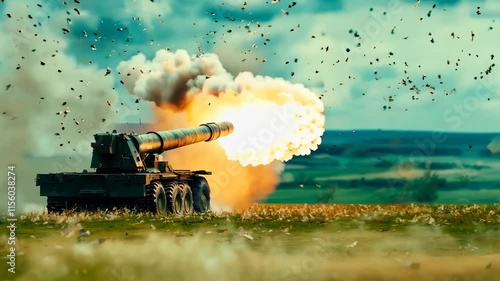 A powerful military howitzer fires in an open field, with smoke and debris highlighting the intensity and chaos of war, capturing the harsh reality of battlefield combat.