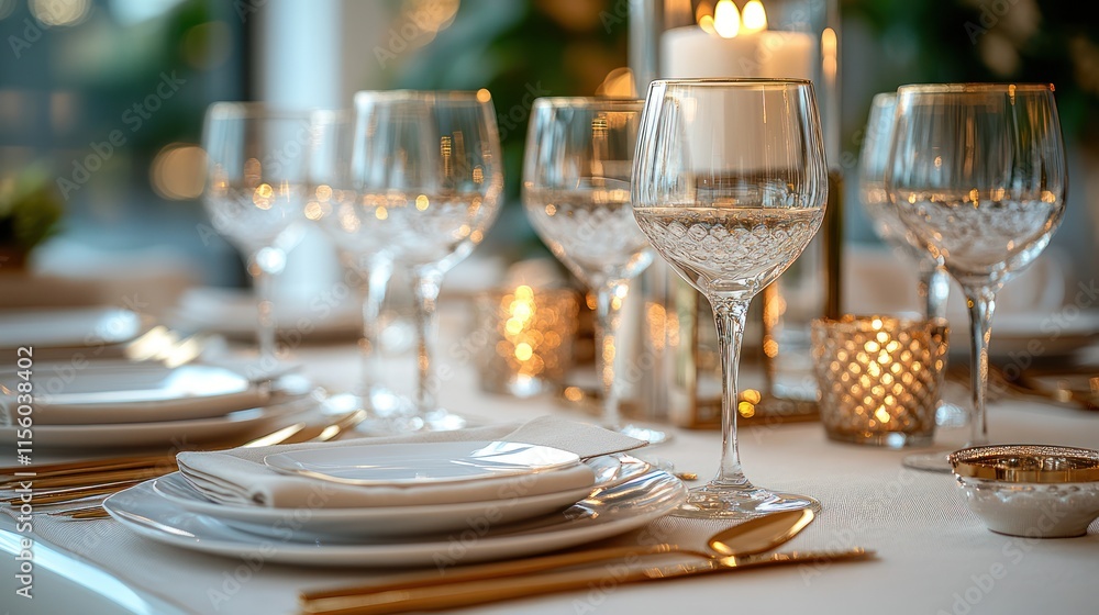 Elegant table setting with gold cutlery, white plates, and crystal glasses. Elegant table setting with gold cutlery, white plates, and crystal glasses.