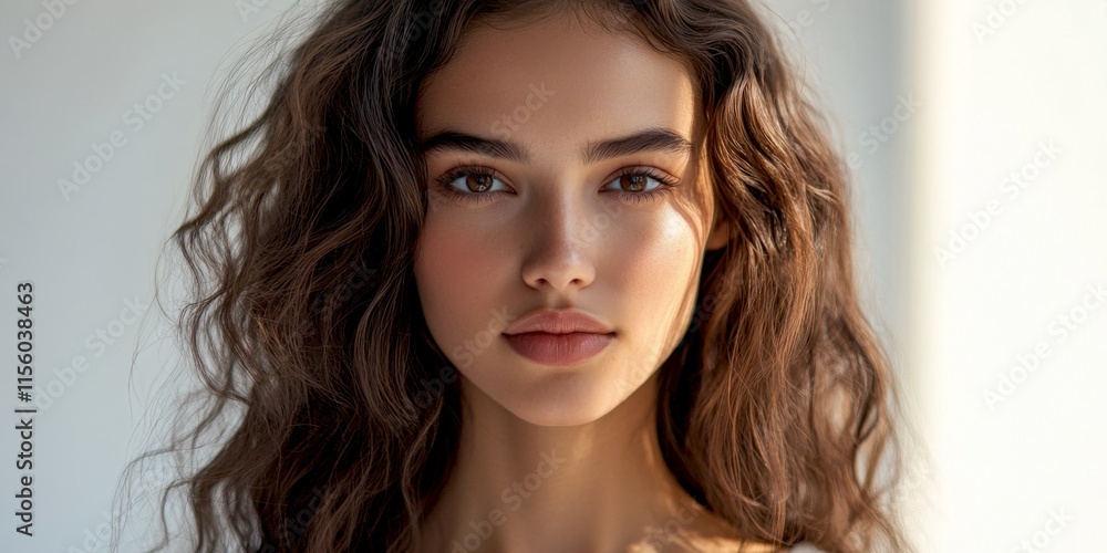 A beautiful young woman with long, wavy hair gazes directly into the camera. The soft lighting highlights her features. This portrait showcases natural elegance. AI A beautiful young woman with long, wavy hair gazes directly into the camera. The soft lighting highlights her features. This portrait showcases natural elegance. AI