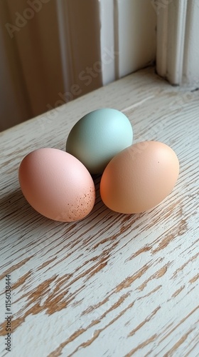 Natural beige eggs arranged on rustic wooden surface indoors