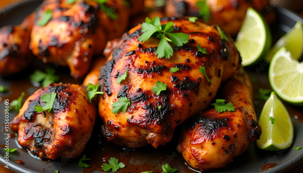 Grilled chicken with lime wedges and fresh herbs Grilled chicken with lime wedges and fresh herbs