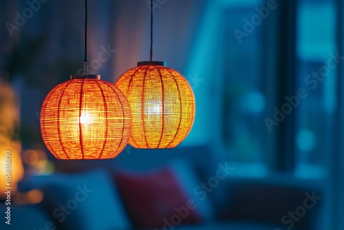 Elegant hanging lights illuminate a cozy interior space during evening hours