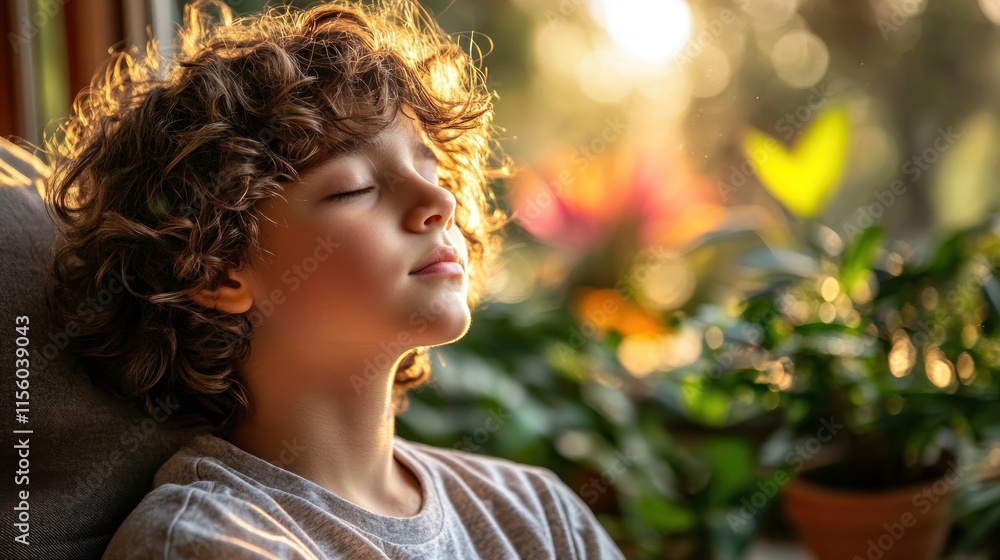 Fototapeta premium Child relaxes with closed eyes, surrounded by greenery, soaking in the sunlight in a tranquil setting