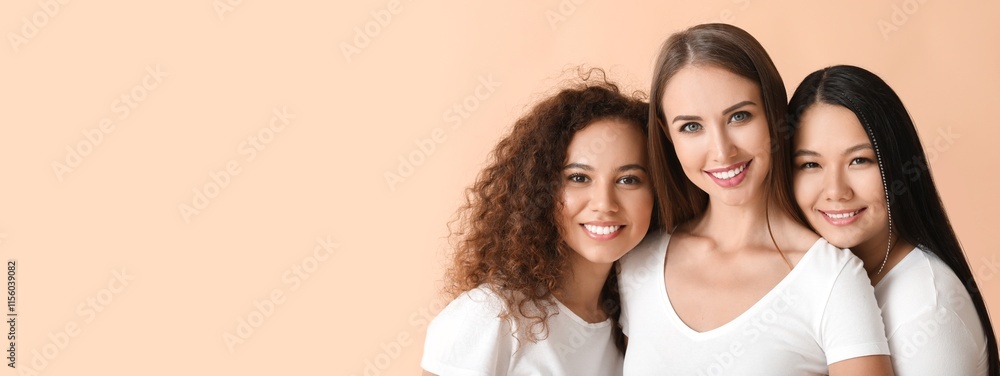 Fototapeta premium Women of different nationalities on beige background with space for text