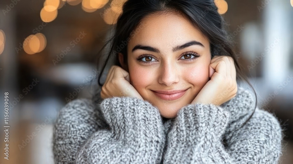 A woman with a joyful expression shows her warmth while resting her chin on her hands A woman with a joyful expression shows her warmth while resting her chin on her hands