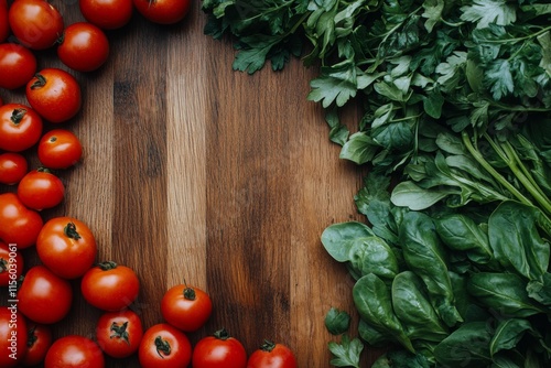 Fresh vegetables arranged on a rustic wooden surface with kale, tomatoes, and...
