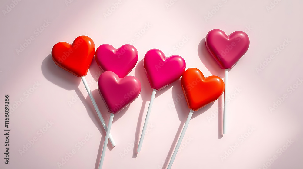 A top-down view of several heart-shaped lollipops, in shades of red and pink, arranged on a soft pastel pink background