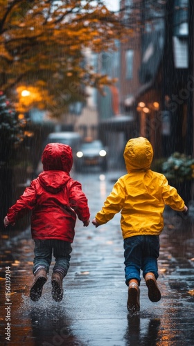 Children in colorful rain jackets play in a wet alley on a rainy day