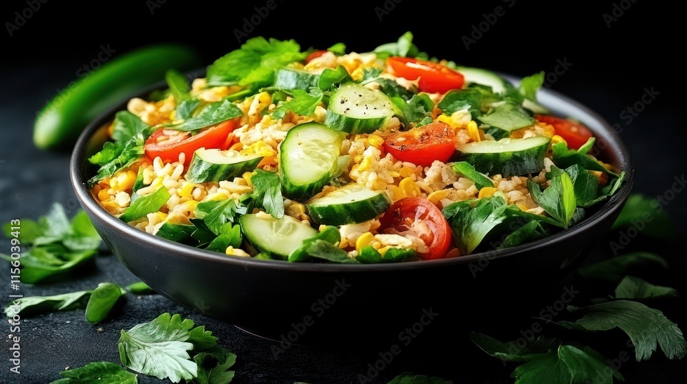 A vibrant salad featuring cucumbers, tomatoes, and fresh herbs in a dark bowl on a black surface A vibrant salad featuring cucumbers, tomatoes, and fresh herbs in a dark bowl on a black surface