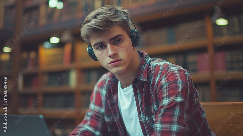 Obraz premium Student immersed in study with headphones in a library filled with books in the afternoon
