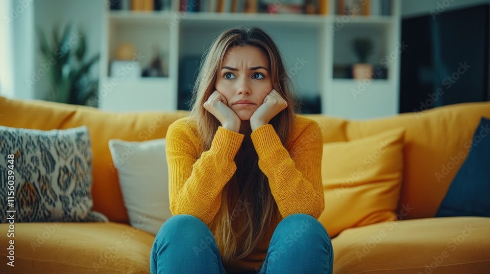 Obraz premium A woman in a yellow sweater sits on a couch, deep in thought with a worried expression on her face