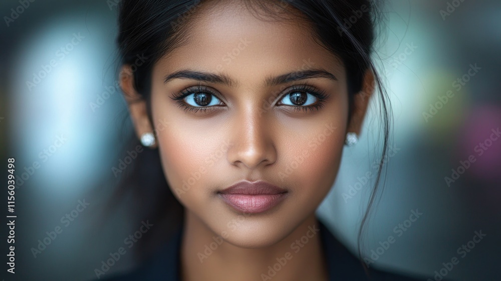 Naklejka premium Young woman with striking features and deep eyes radiates poise and elegance in a soft backdrop