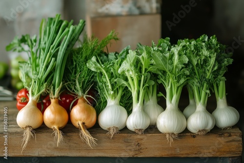 Fresh vegetables arranged on a rustic wooden surface with kale, tomatoes, and...