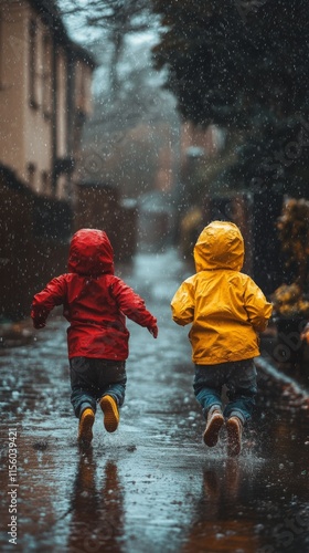 Children in colorful rain jackets play in a wet alley on a rainy day