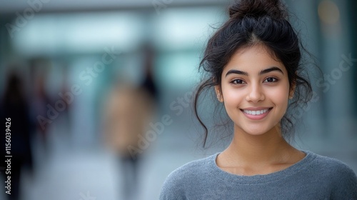 Free Download Young woman with dark hair smiles warmly while standing in a lively city environment filled with people - GFXLoad