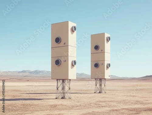 Two futuristic structures on stilts in a barren landscape, suggesting habitation or research.
