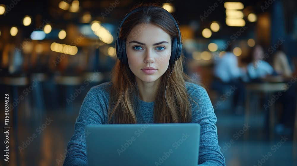 Fototapeta premium A woman wearing headphones works intently on her laptop in a lively cafe setting during daylight hours