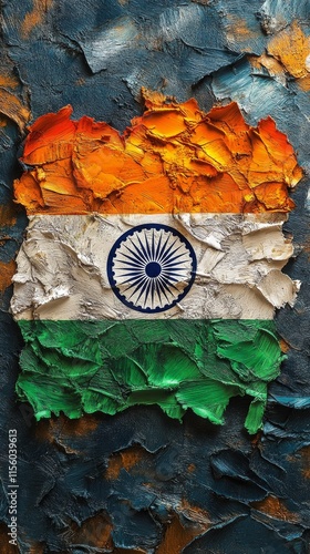 Old wall texture with cracked paint displaying India flag colors and emblem