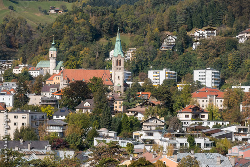 Historic church In Innsbruck, Austria aerial view. photo