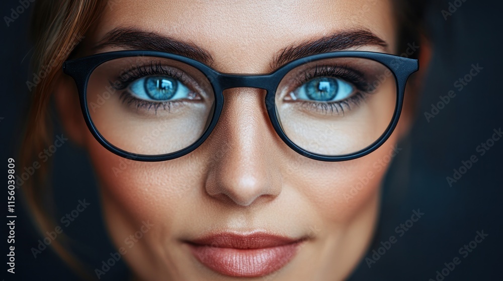 Close up of a person with blue eyes and glasses showing a confident expression in a dark setting Close up of a person with blue eyes and glasses showing a confident expression in a dark setting