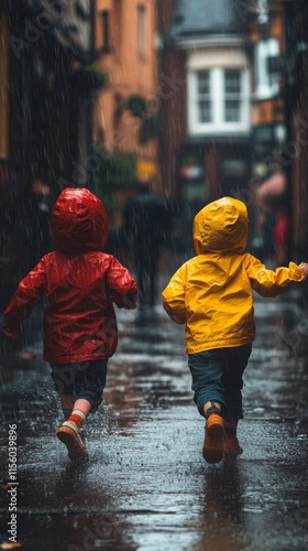 Children in colorful rain jackets play in a wet alley on a rainy day