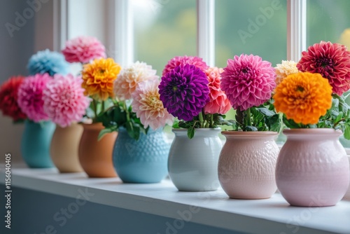 Colorful ranunculus flowers arranged on a wooden shelf in a bright setting