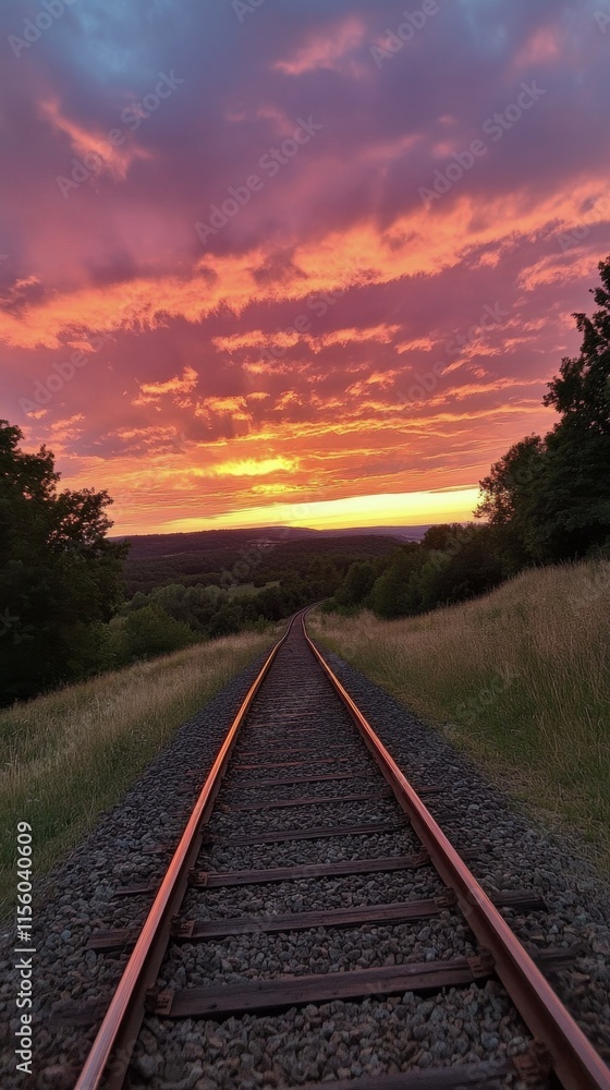 Obraz premium Vibrant sunset over railway tracks stretching into the horizon in a rural setting