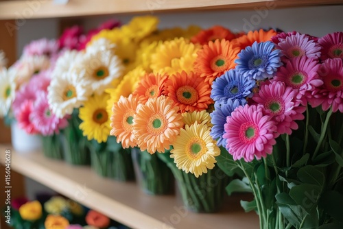 Colorful ranunculus flowers arranged on a wooden shelf in a bright setting