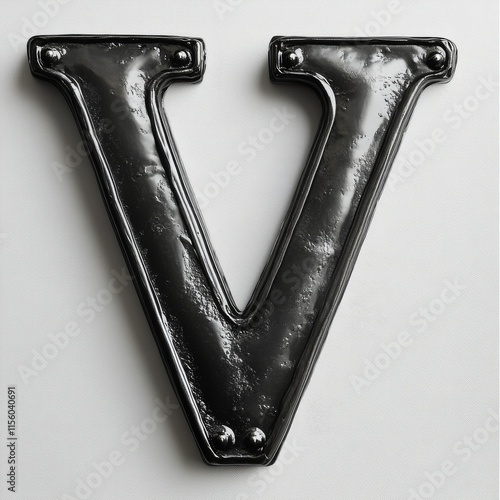 Decorative black letter V made of metal with a shiny finish displayed against...