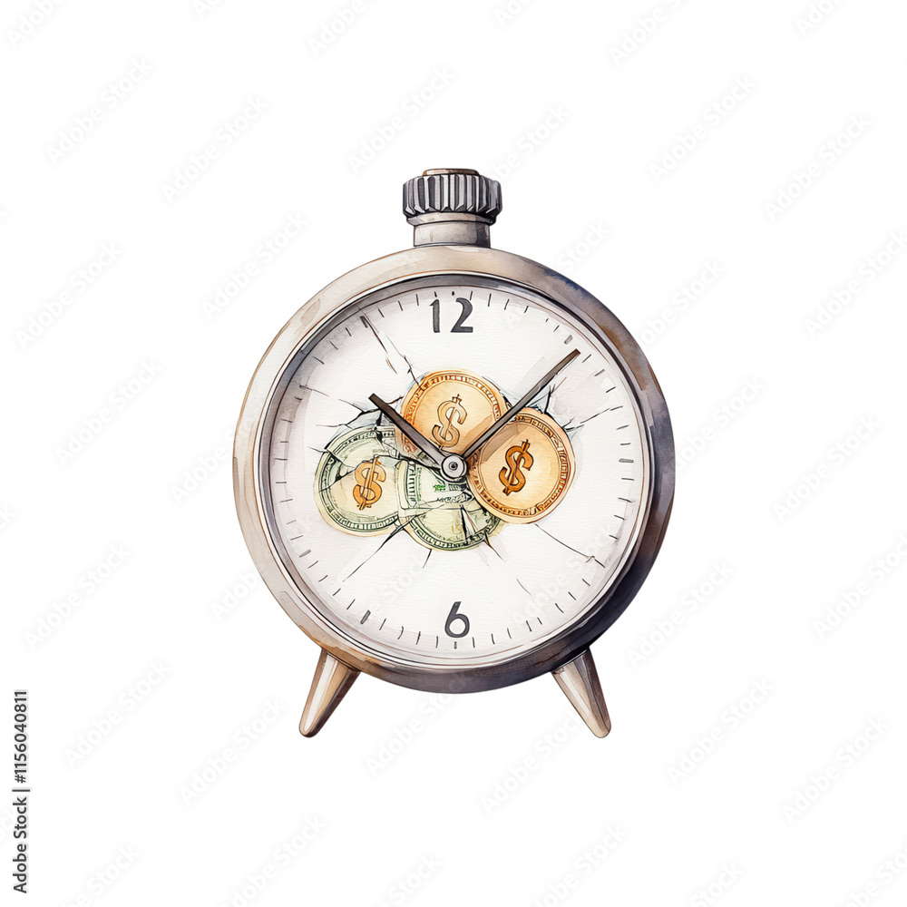 Cracked Glass Stopwatch with Currency Inside, Signifying Time and Money Management, Ideal for Business and Financial Themes, Investment Concepts Cracked Glass Stopwatch with Currency Inside, Signifying Time and Money Management, Ideal for Business and Financial Themes, Investment Concepts