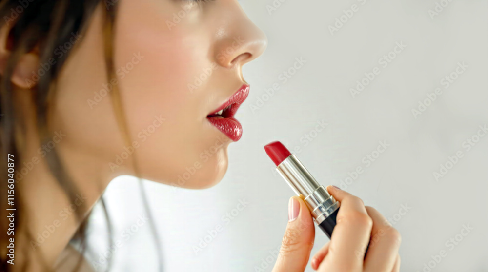 Woman applying red lipstick close up beautiful makeup skincare Woman applying red lipstick close up beautiful makeup skincare