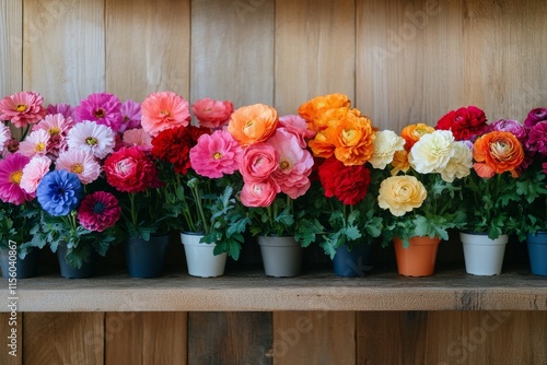 Colorful ranunculus flowers arranged on a wooden shelf in a bright setting