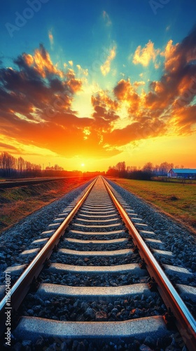 Vibrant sunset over railway tracks stretching into the horizon in a rural set...