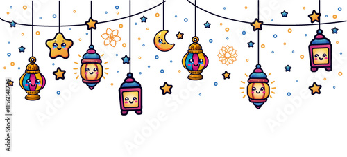 Arabic traditional Cute Ornament islamic Ramadan Kareem eastern lanterns garland. Muslim ornamental hanging golden lanterns, stars and moon vector illustration. Islamic oriental garland