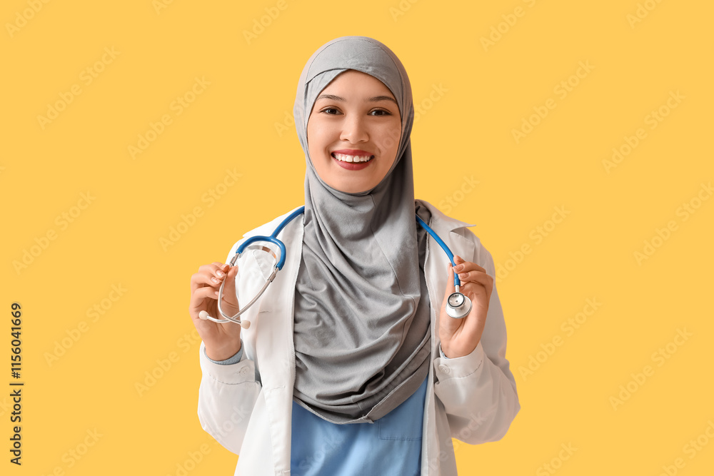 Female Muslim doctor in hijab with stethoscope on orange background. World Hijab Day concept Female Muslim doctor in hijab with stethoscope on orange background. World Hijab Day concept