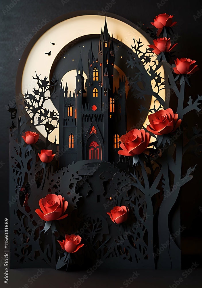 A dramatic, intricately detailed paper cut-out scene of a gothic castle, bathed in soft, glowing light that illuminates the windows A dramatic, intricately detailed paper cut-out scene of a gothic castle, bathed in soft, glowing light that illuminates the windows